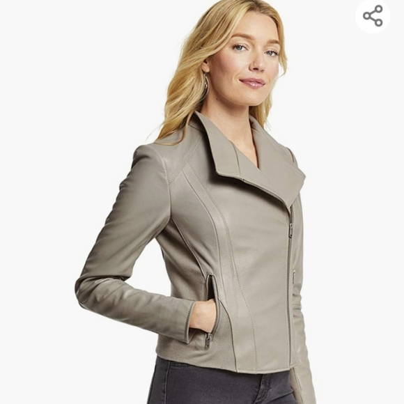 Johnston Murphy Women's Leather Moto Jacket Size Small Light Gray Good Condition - Picture 12 of 14